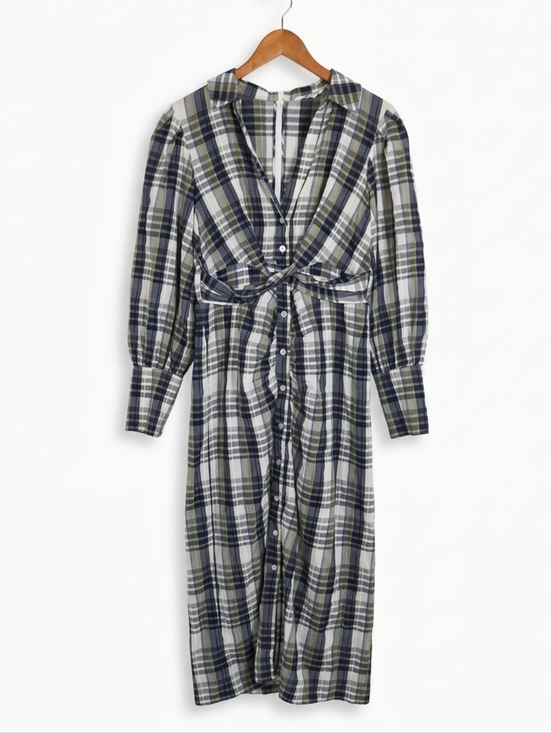 Veronica Beard Dresses & Skirts - Veronica Beard Barrett Plaid Twist Front Puff Sleeve Blue Green Midi Dress Sz 8